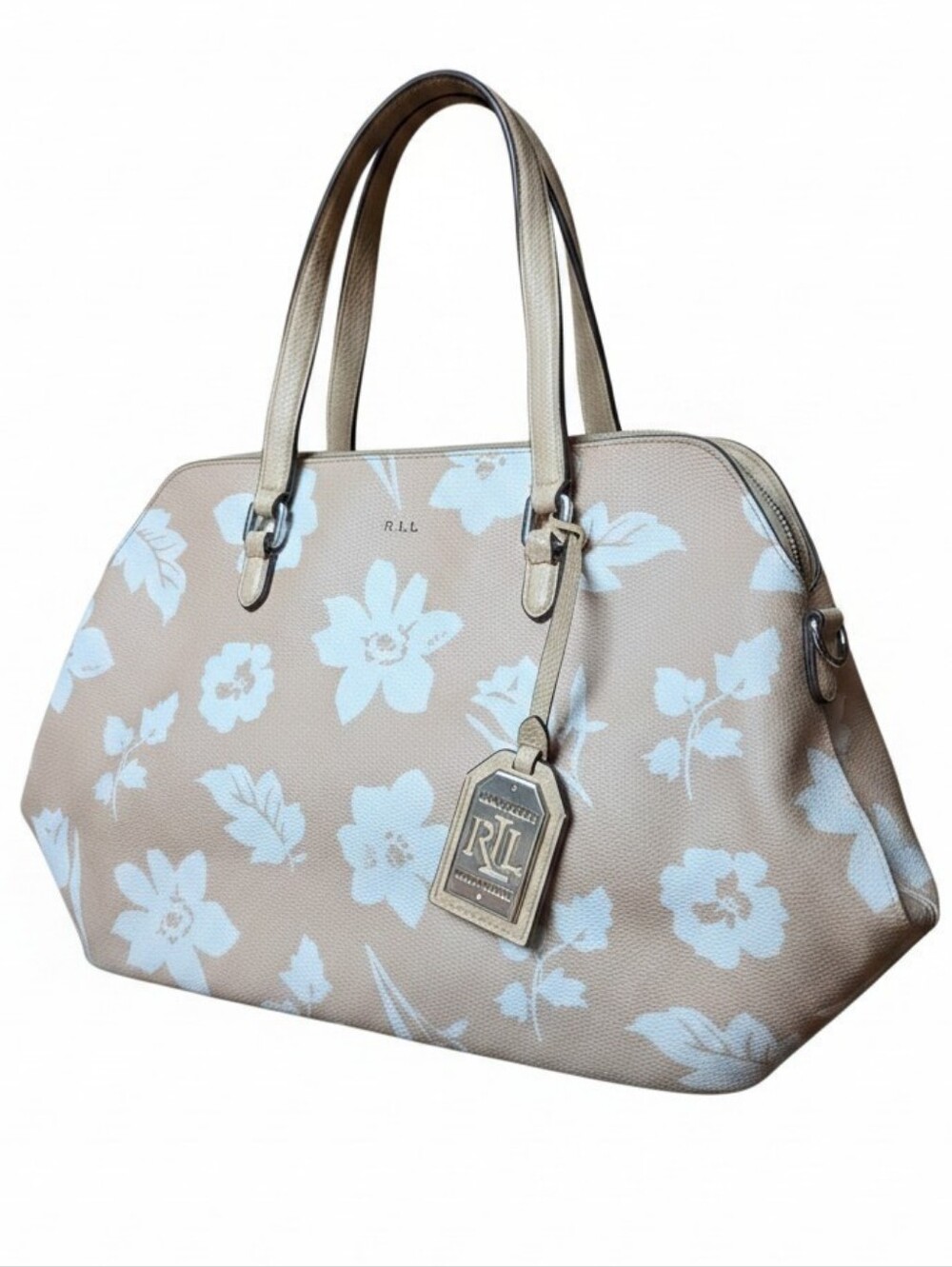 LAUREN RALPH LAUREN | Floral Zip Satchel Tote Beige Cream PVC Handbag Purse